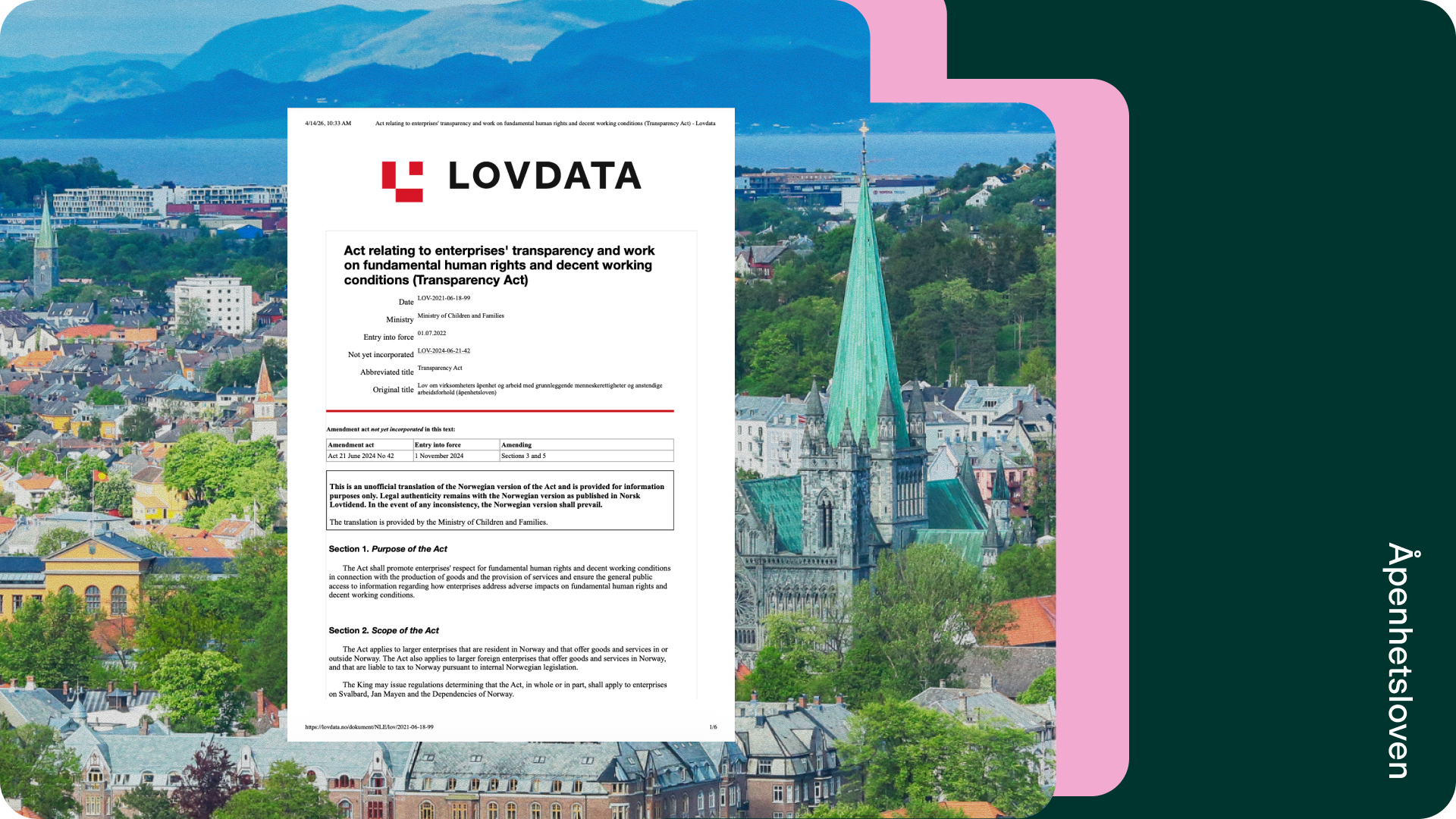 Header image - The Norwegian Transparency Act (åpenhetsloven)_ who must comply, what the law requires, and how penalties work - image of the law from the law page and oslo city