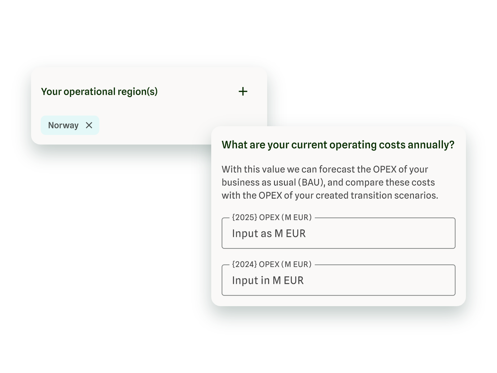 Company context settings: operational region set to Norway, and annual operating cost (OPEX) inputs for 2025 and 2024
